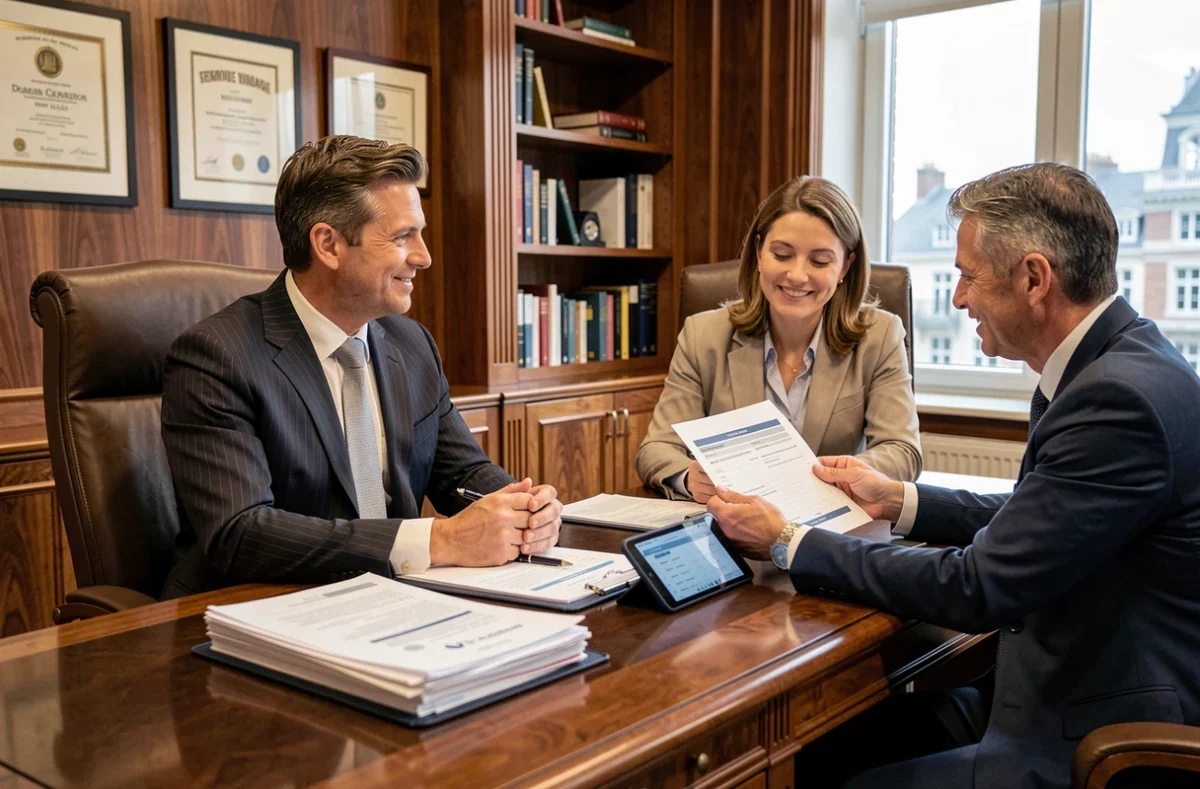 Un courtier de La Centrale de Financement Lille discute d'un prêt professionnel avec un couple d'entrepreneurs dans une agence de courtage distinguée