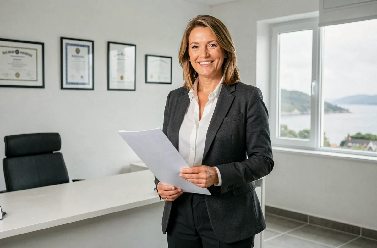 Charlotte Wautier, notaire à Vannes, en tailleur gris devant son bureau avec dossiers juridiques