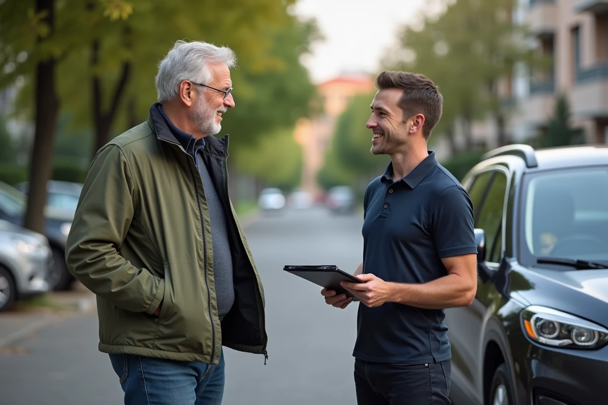 Client fidèle de l'assurance Pacifica discutant avec un conseiller devant son SUV dans un quartier résidentiel