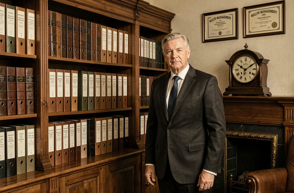 Conseiller expérimenté de Cogerel, cabinet historique en Moselle, devant une bibliothèque d'archives patrimoniales