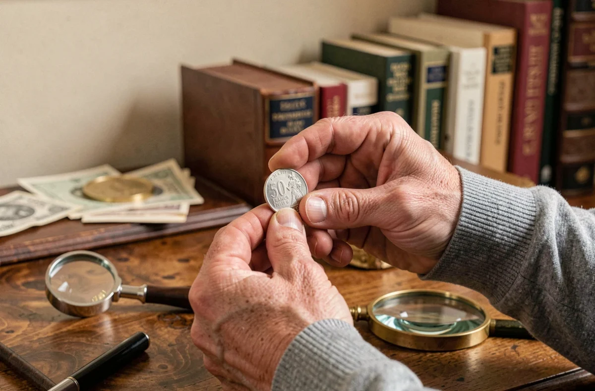 Mains d'un collectionneur tenant une pièce en argent 50 Francs 1977 avec loupe et ouvrages numismatiques sur bureau en bois