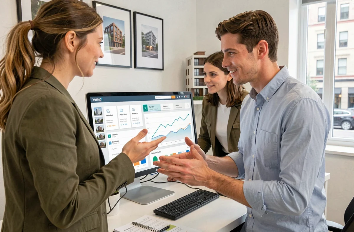 Deux collègues analysant une plateforme de SCPI digitale sur un écran dans un bureau de fintech