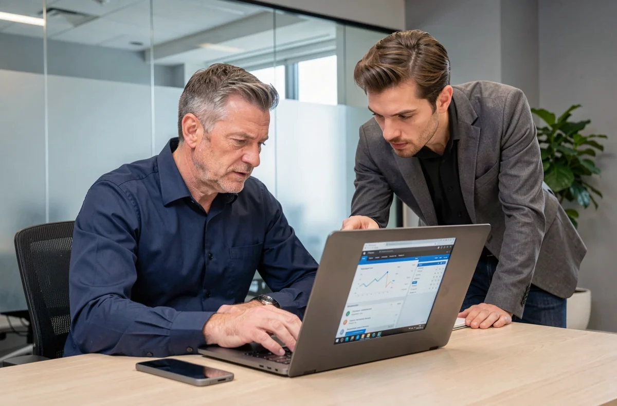 Deux collègues comparant une application bancaire et une cagnotte en ligne sur ordinateur portable au bureau