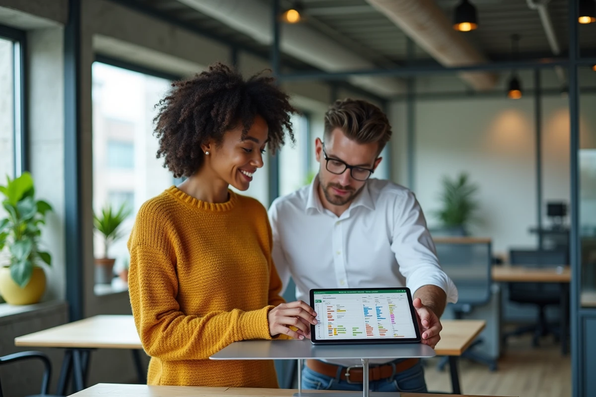 Deux collègues consultant un tableau de bord Excel de suivi des échéances sur tablette dans un espace de travail collaboratif moderne