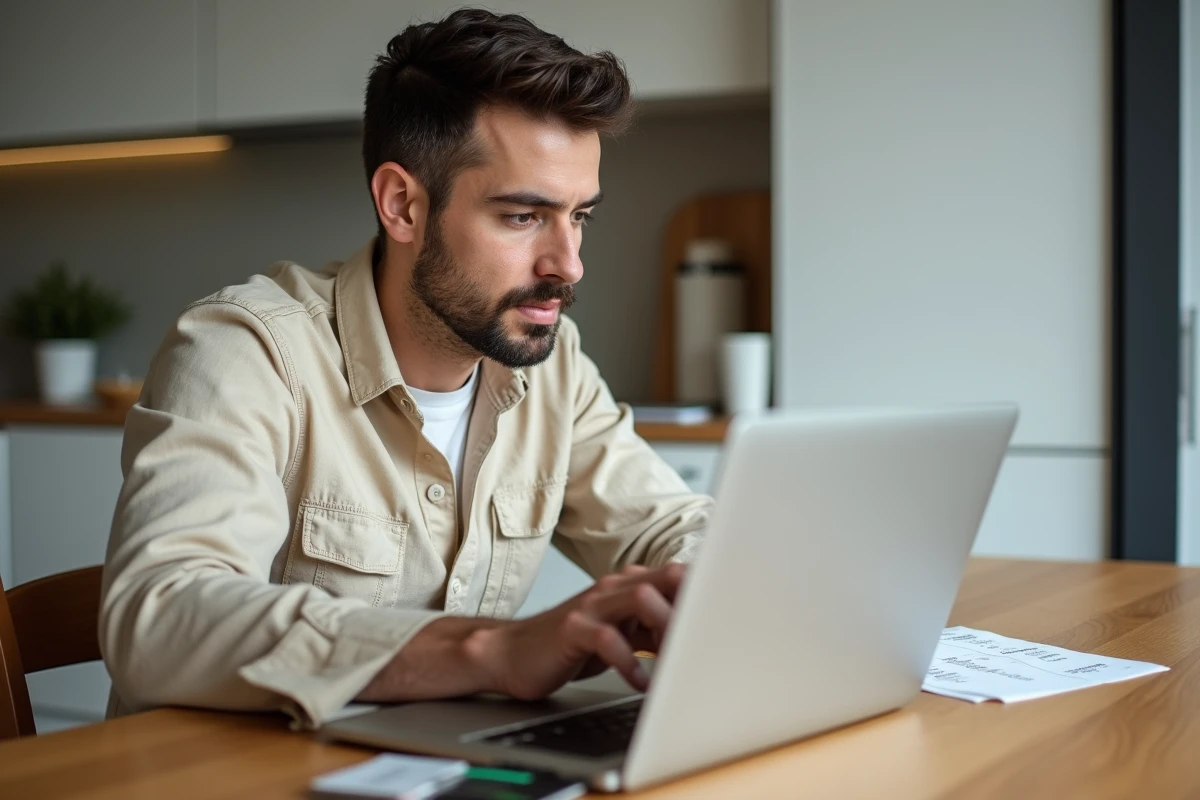 Homme comparant les options de paiement en ligne pour un achat sportif, crédit en plusieurs fois sur ordinateur portable