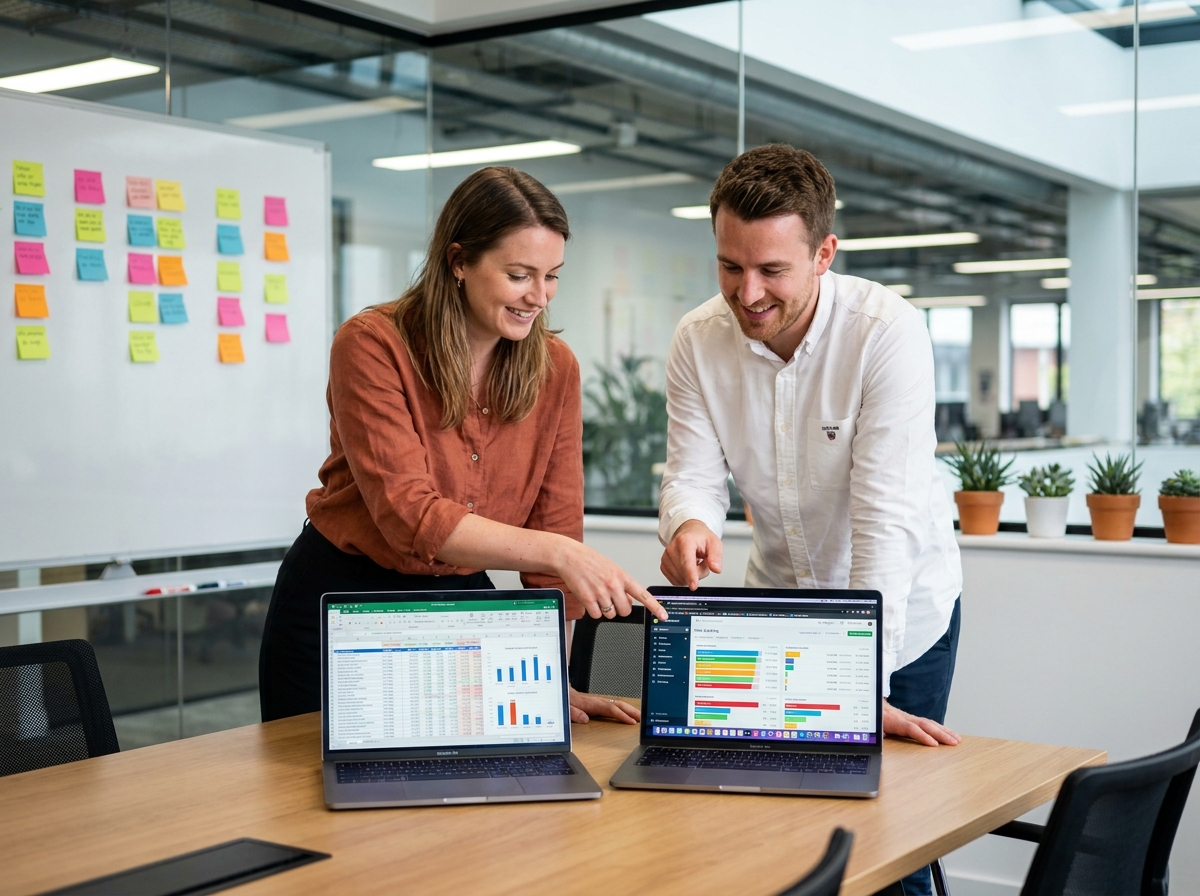 Deux collègues comparant un tableau Excel et un logiciel de suivi des temps sur deux ordinateurs portables en salle de réunion