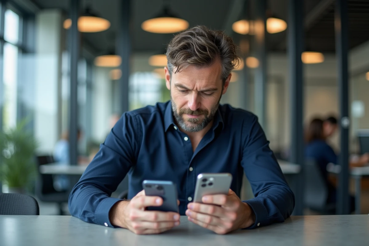 Homme comparant les frais de virement PayPal et bancaire sur deux smartphones dans un espace de coworking