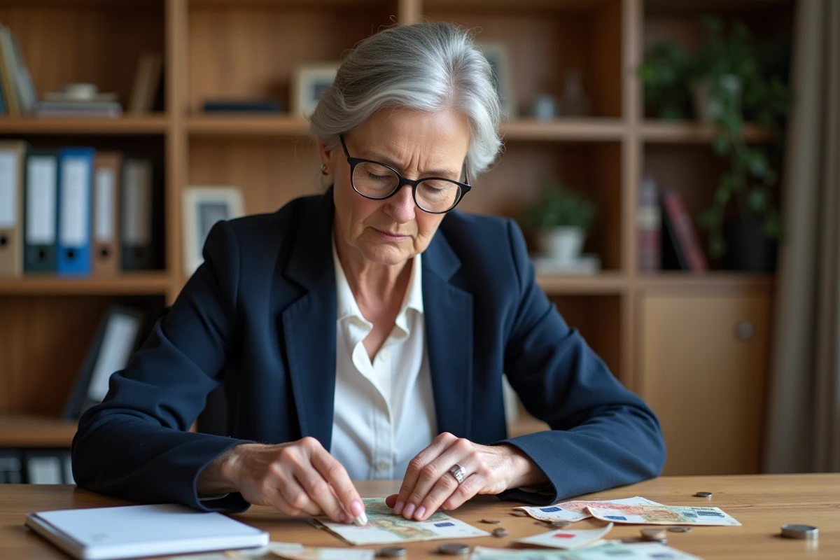 Femme examinant d'anciens billets de francs français et des euros sur un bureau en bois, comparaison de devises