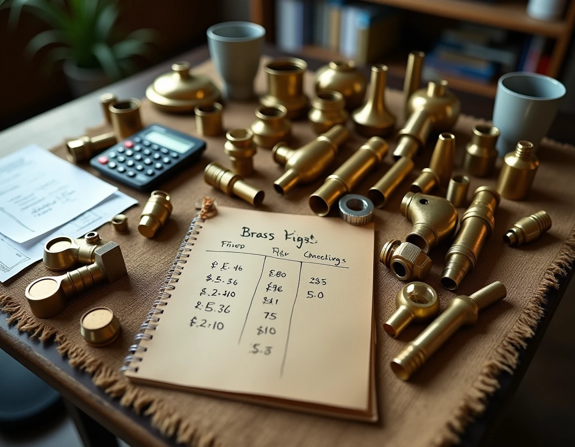 Vue aérienne de pièces de laiton variées avec carnet de prix et calculatrice pour évaluer le rachat au kilo