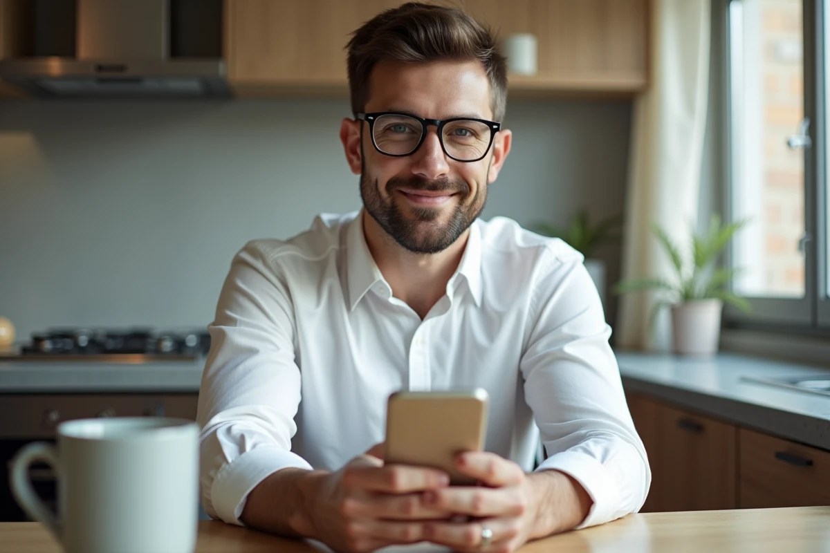 Homme consultant la confirmation d'un virement instantané sur smartphone depuis son domicile avec La Banque Postale