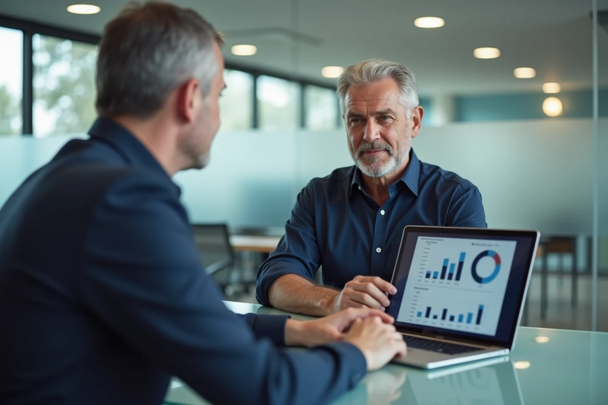 Réunion entre un client et un conseiller financier pour estimer les gains futurs d'une assurance vie