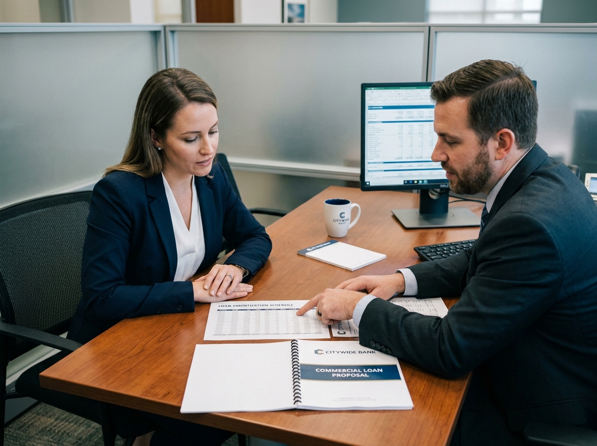 Femme rencontrant un conseiller bancaire pour analyser une simulation de prêt immobilier patrimonial en agence