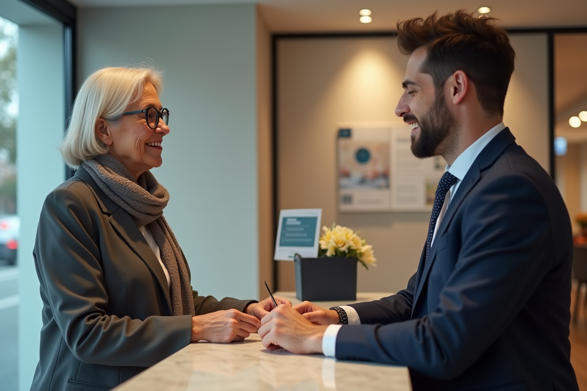 Femme senior en banque discute avec conseiller jeune