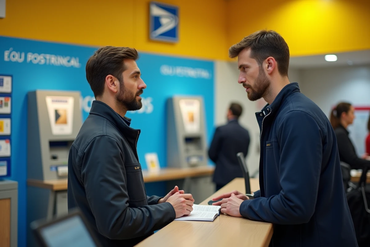 Client discutant des nouveaux tarifs et frais bancaires 2026 avec un conseiller La Banque Postale au guichet