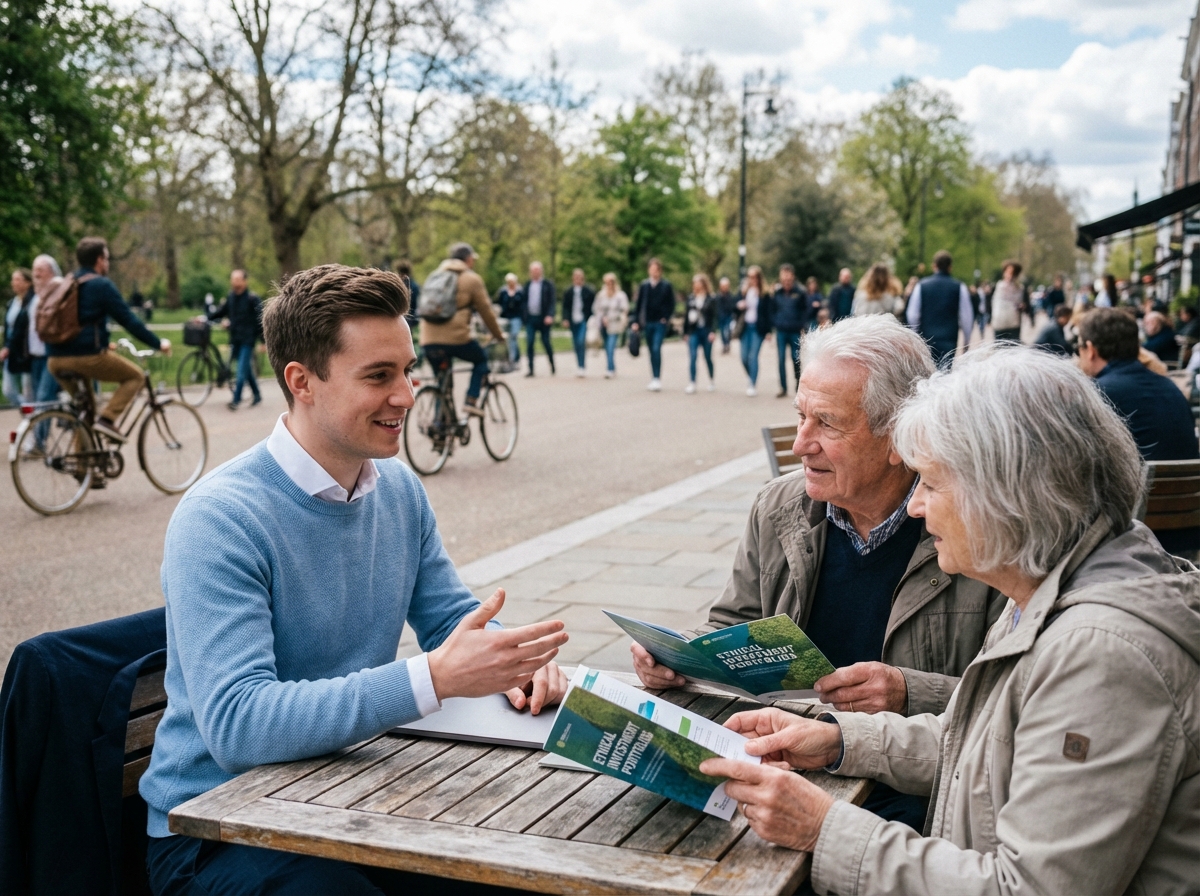 Jeune conseiller financier discutant avec un couple au café