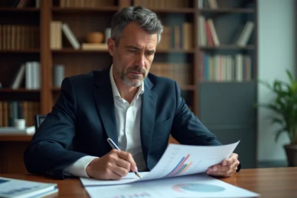 Conseiller financier français examinant des documents de bureau de crédit dans un bureau professionnel parisien