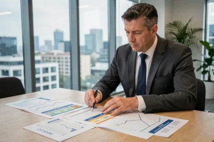 Conseiller financier analysant les taux de rendement d'une SCPI sur des documents imprimés dans une salle de réunion moderne