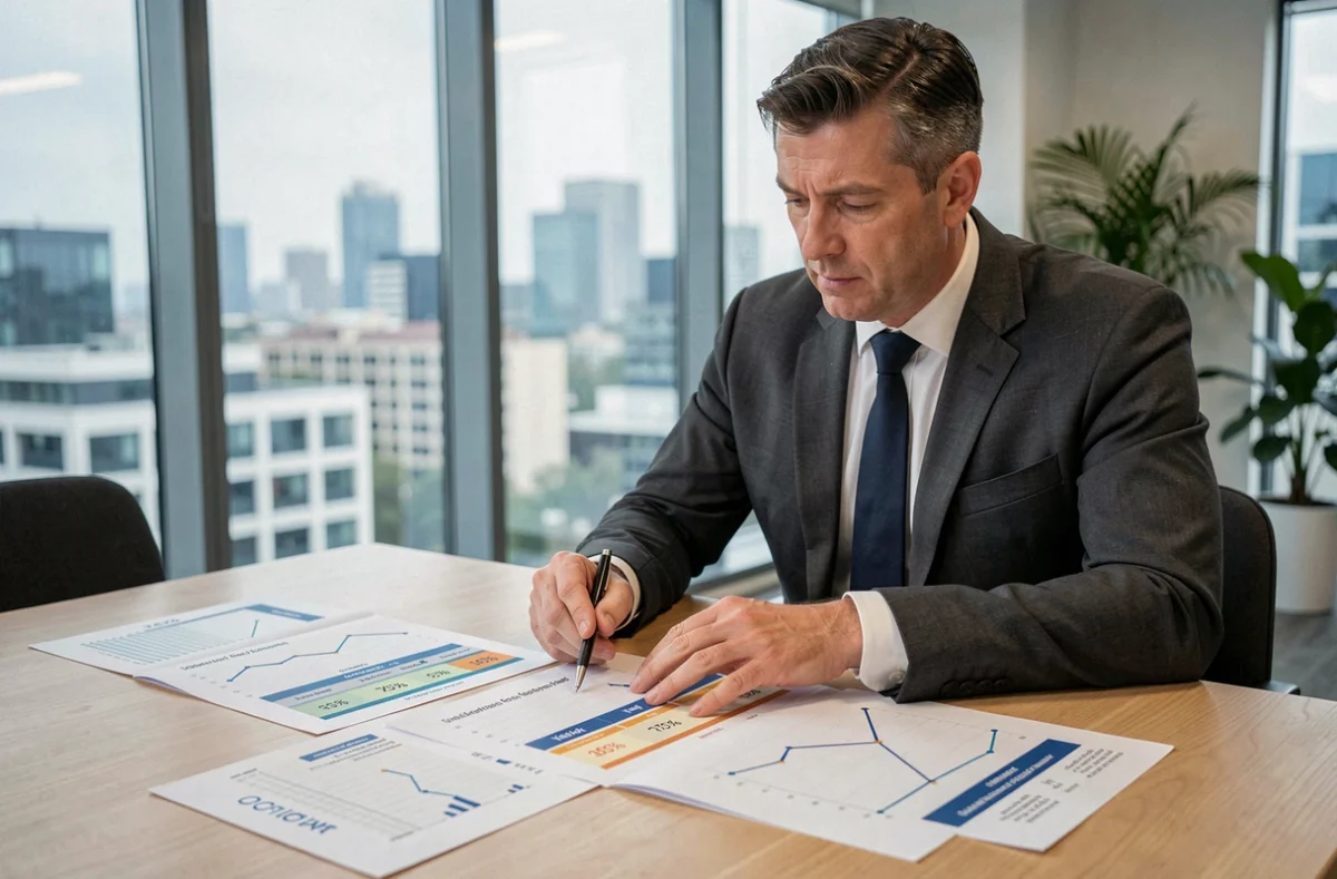 Conseiller financier analysant les taux de rendement d'une SCPI sur des documents imprimés dans une salle de réunion moderne