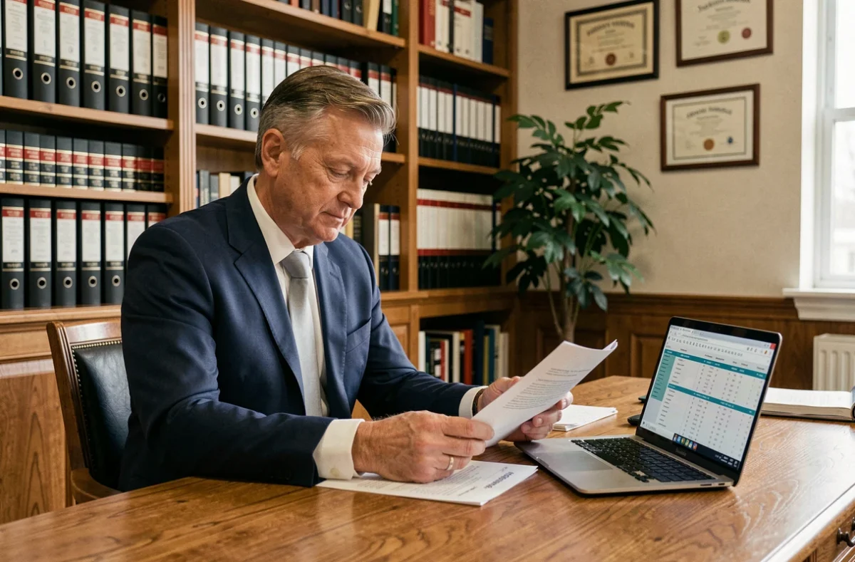 Conseiller fiscal analysant des documents liés à une SCI et des parts de SCPI dans un bureau professionnel