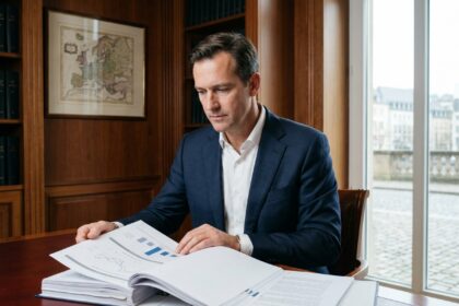 Conseiller en gestion de patrimoine analysant un contrat d'assurance-vie luxembourgeois dans un bureau haut de gamme