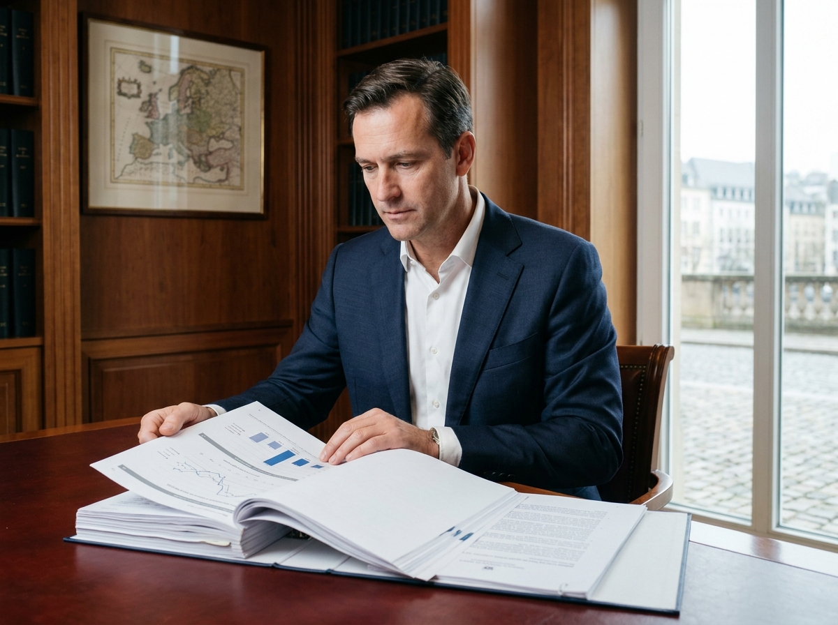 Conseiller en gestion de patrimoine analysant un contrat d'assurance-vie luxembourgeois dans un bureau haut de gamme