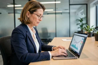 Une conseillère financière analyse une plateforme SCPI en ligne sur son ordinateur portable dans un bureau moderne