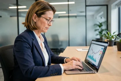 Une conseillère financière analyse une plateforme SCPI en ligne sur son ordinateur portable dans un bureau moderne