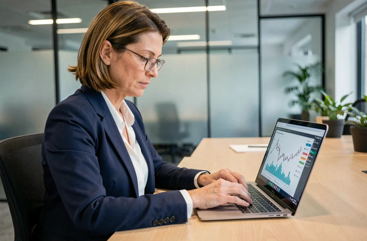 Une conseillère financière analyse une plateforme SCPI en ligne sur son ordinateur portable dans un bureau moderne