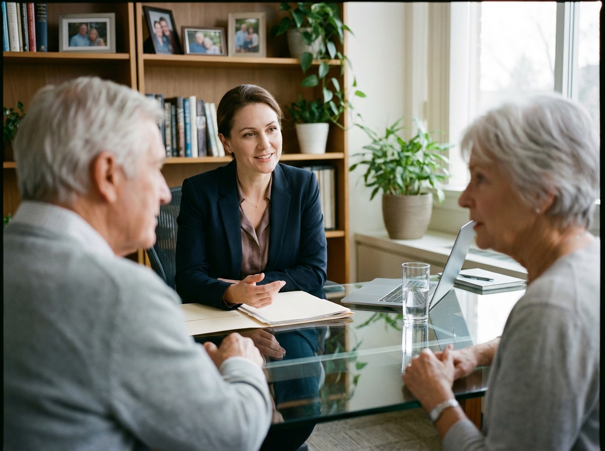 Conseillère financière parlant à un couple âgé dans un bureau professionnel