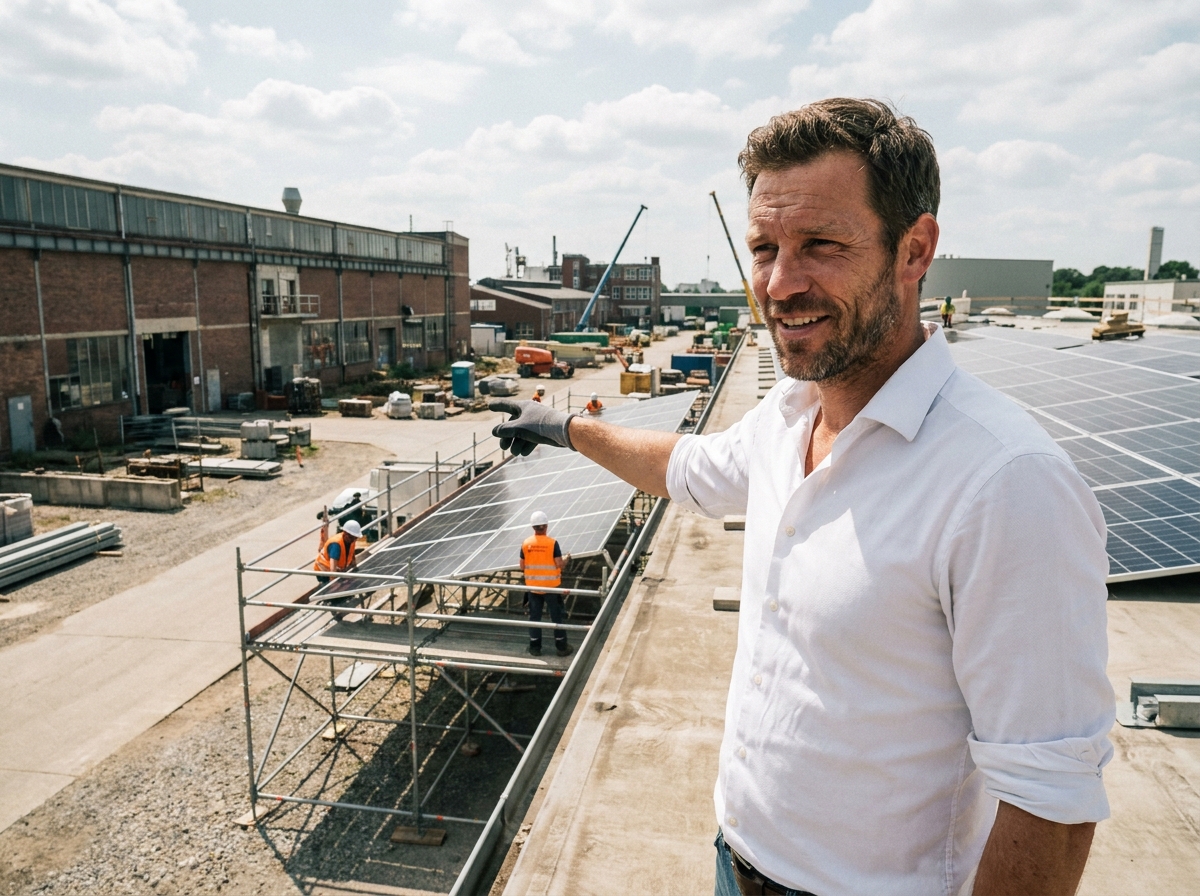 Consultant en développement durable devant une installation de panneaux solaires sur un entrepôt industriel en rénovation verte