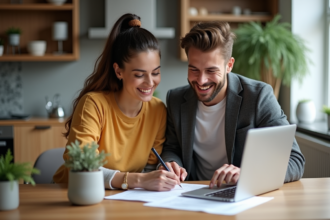 Jeune couple souriant discutant de documents immobiliers