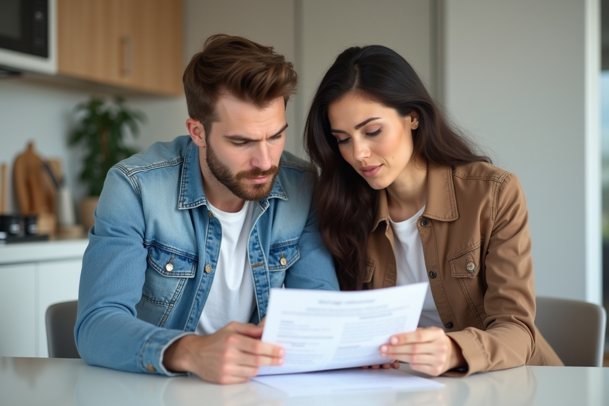 Couple en cuisine examine un relevé hypothécaire ensemble