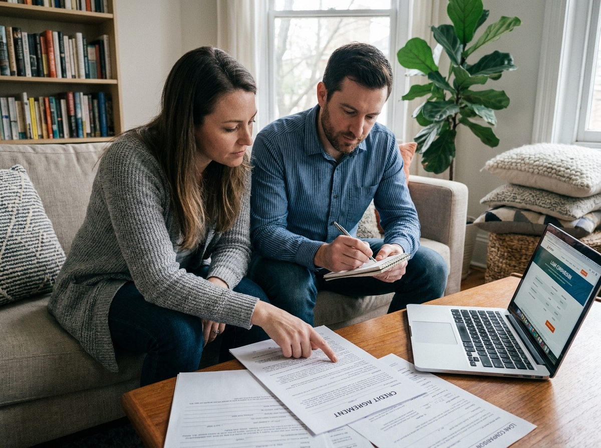 Couple analysant ensemble les termes d'un contrat de crédit à la consommation dans leur salon avant de prendre une décision