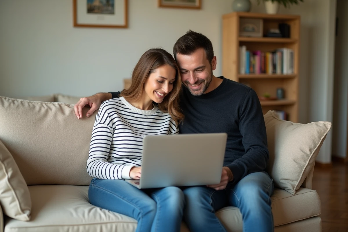 Couple d'assurés Pacifica consultant leur contrat d'assurance en ligne sur un ordinateur portable dans leur salon