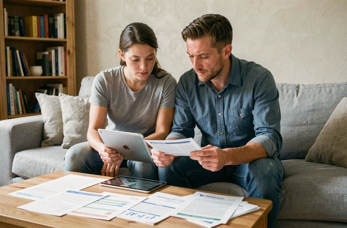 Couple comparant des offres de mutuelle santé sur une tablette et des brochures dans leur salon