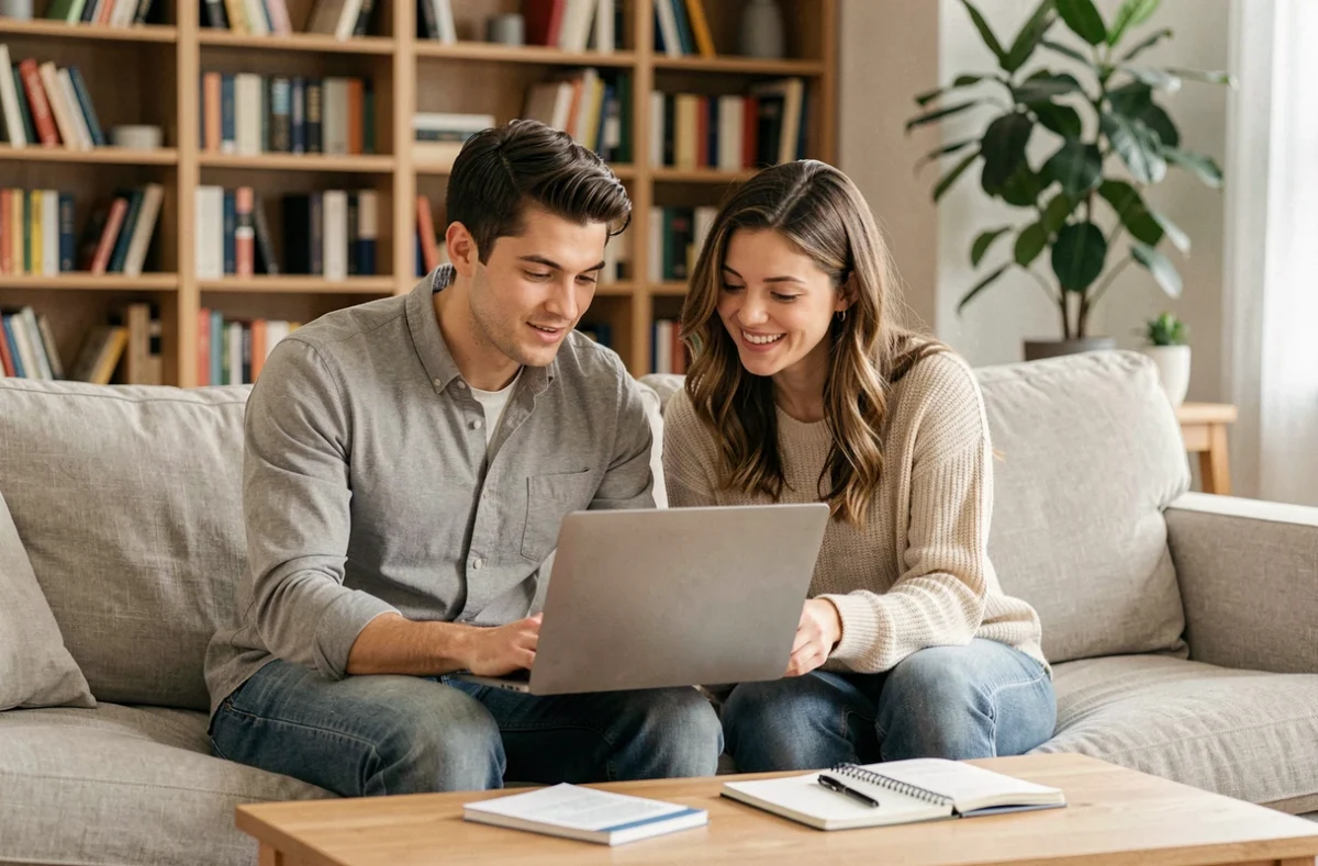 Couple comparant des offres de mutuelles santé sur un ordinateur portable à domicile