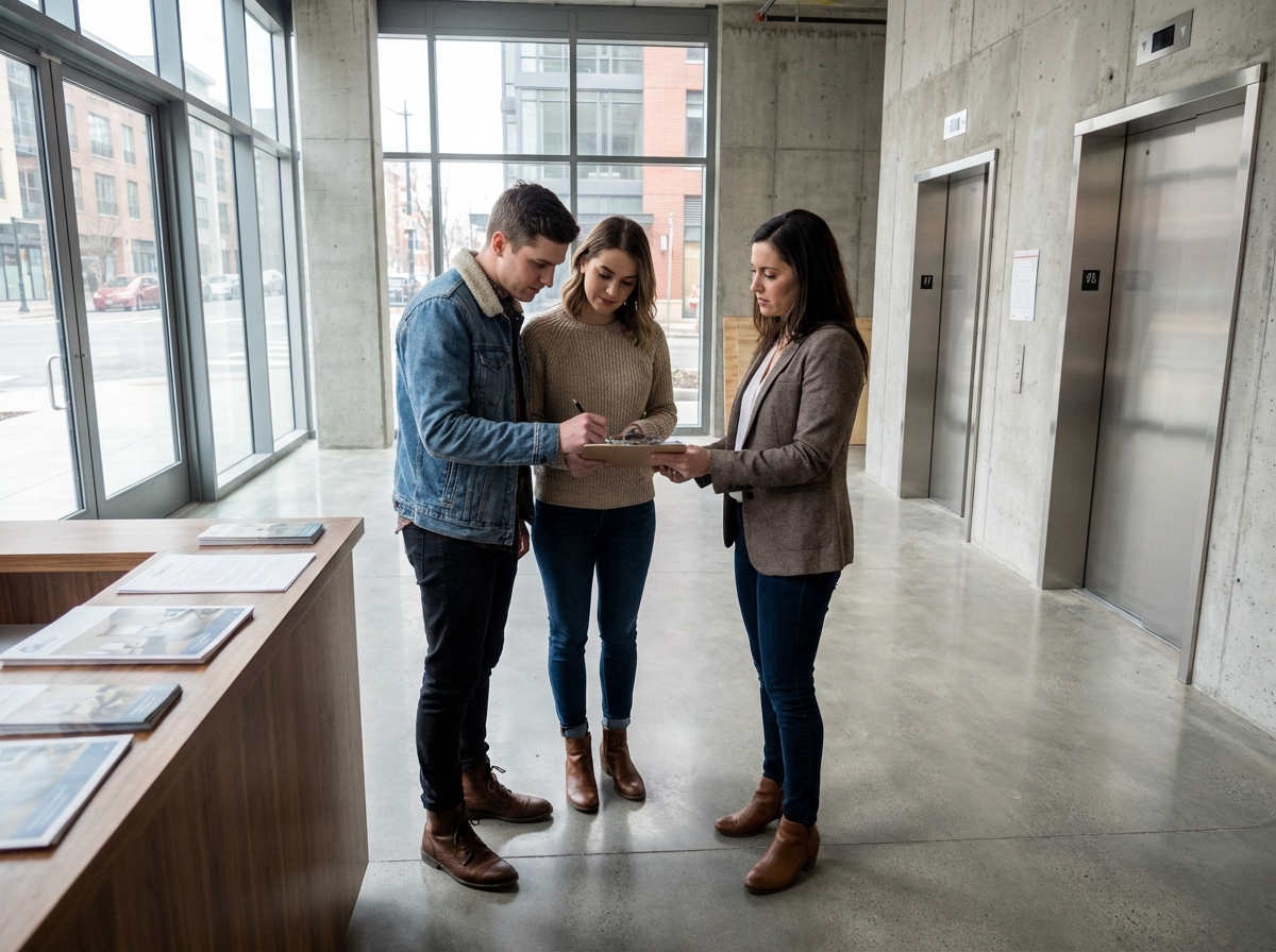 Jeune couple signant un contrat avec un agent immobilier