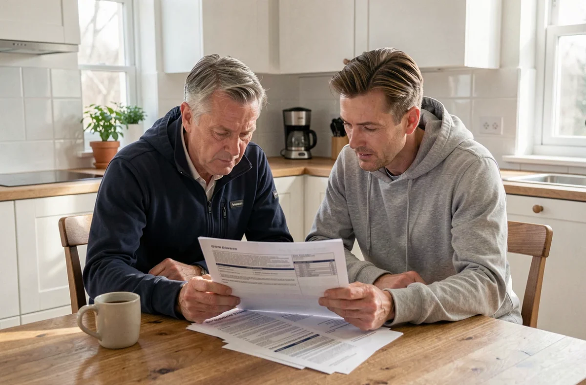 Couple à la maison étudiant les documents d'assurance voyage MAE avant leur départ en vacances
