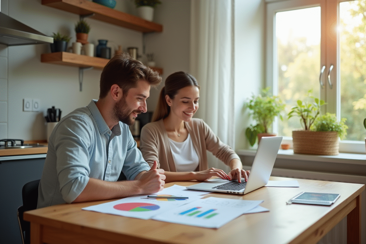 Jeune couple analysant finances à la cuisine lumineuse
