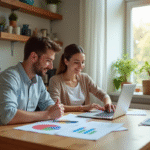 Jeune couple analysant finances à la cuisine lumineuse