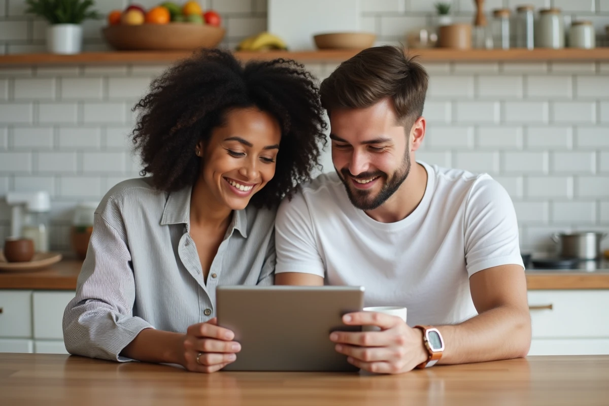 Couple gérant leur compte bancaire Hello Bank ensemble sur une tablette dans une cuisine moderne