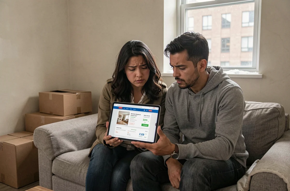 Couple d'immigrants consultant des annonces de logement coûteuses dans leur appartement peu meublé au Canada