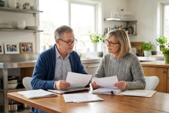 Couple d'âge moyen organisant des papiers dans une cuisine lumineuse