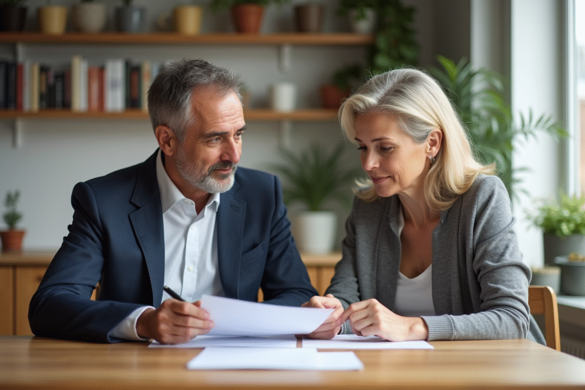 Couple français à la maison examine documents de pension