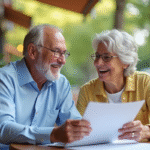 Couple senior souriant discutant de retraite au café