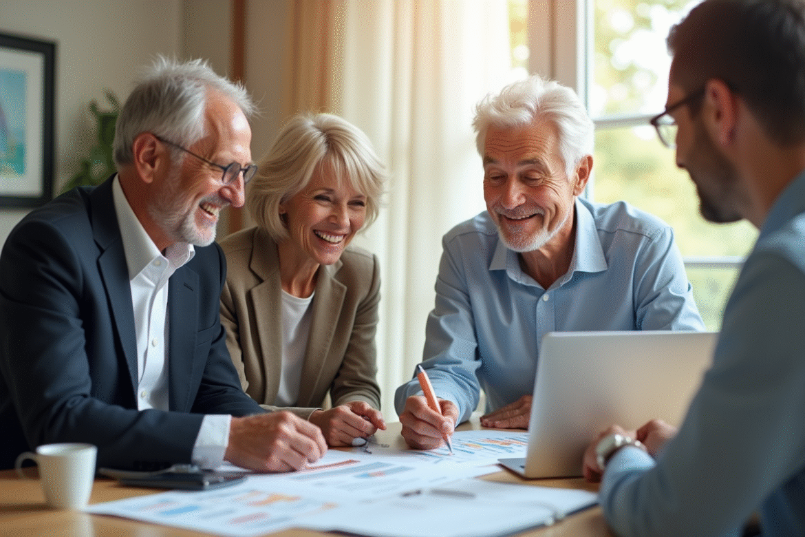 Couple senior souriant rencontrant un conseiller financier dans un bureau lumineux