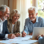 Couple senior souriant rencontrant un conseiller financier dans un bureau lumineux