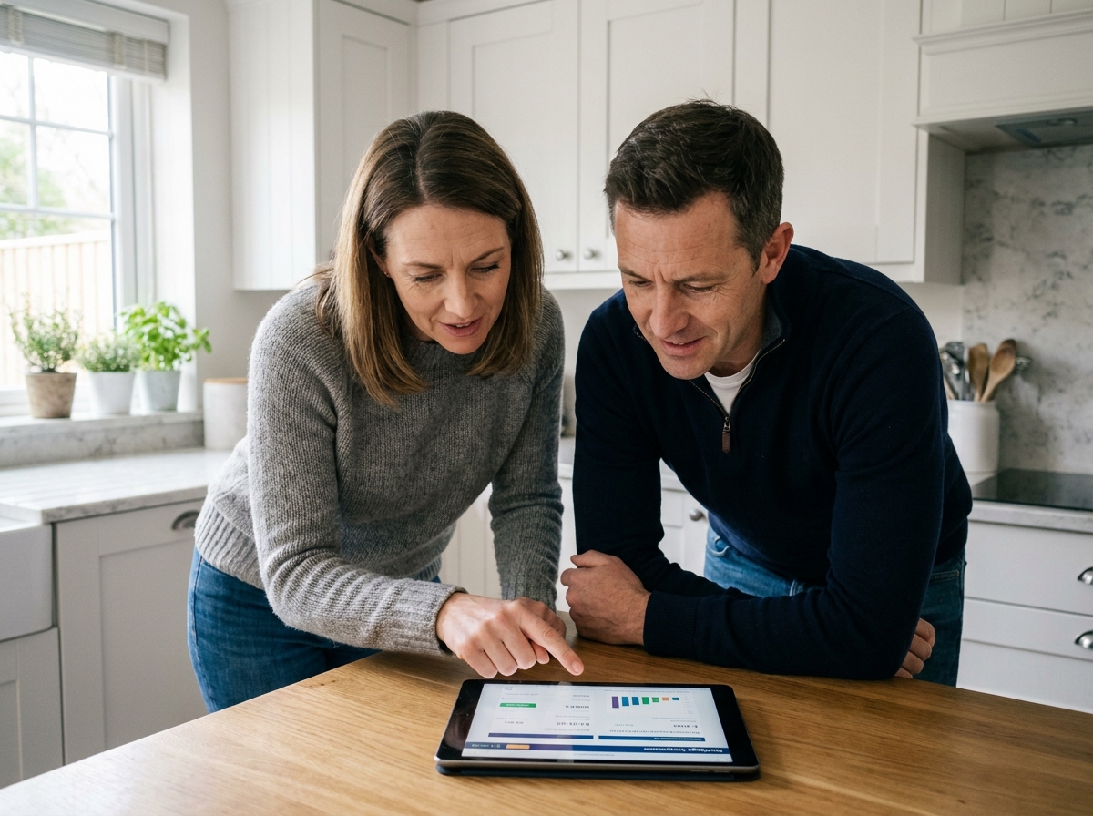 Couple étudiant ensemble une simulation de crédit immobilier sur une tablette dans une cuisine moderne