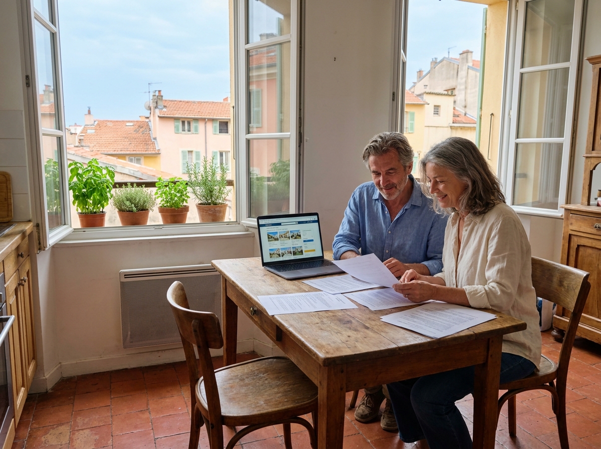 Couple étudiant des documents immobiliers dans un appartement niçois pour préparer la vente de leur logement