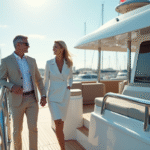 Couple élégant sur un yacht moderne en marina
